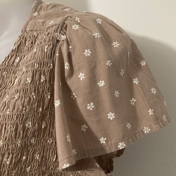 American Eagle Womens Large Crop Top Brown White Floral Boho Smocked Tie Front - Picture 5 of 8